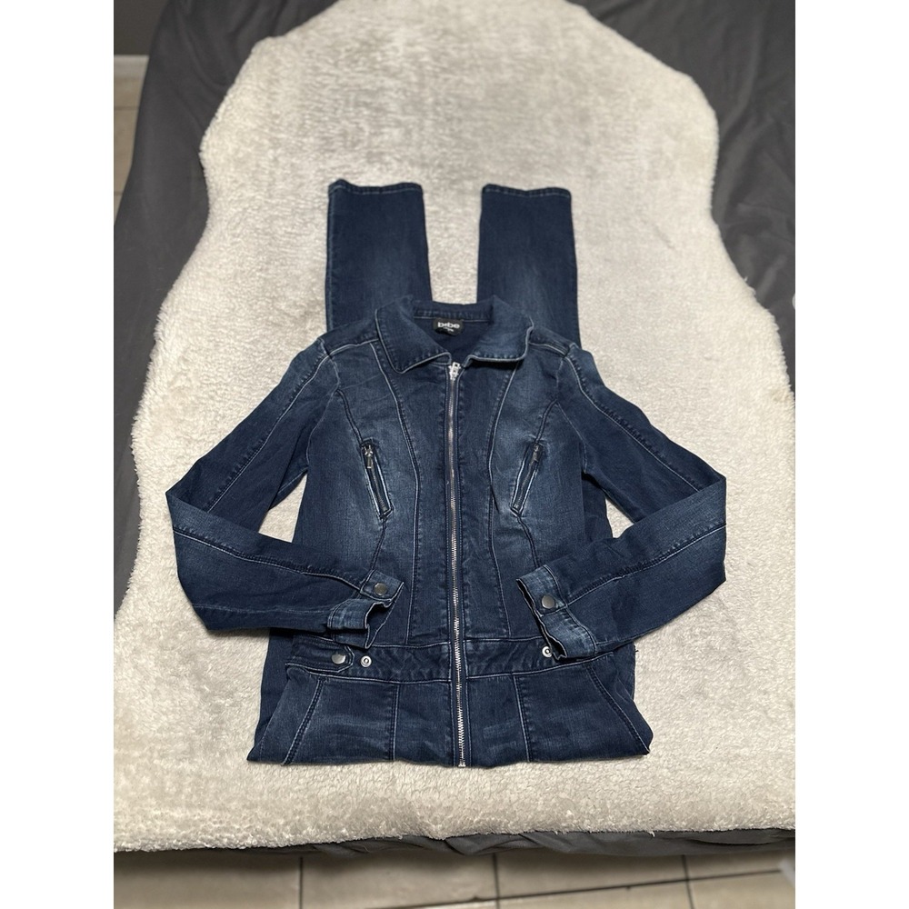 Bebe Womens Blue Denim Jumpsuit Moto Pants Size 28 Skinny
